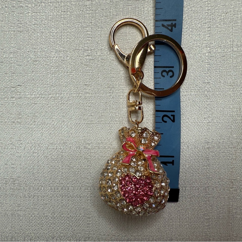 Gold Tone Rhinestone Money Bag Keychain Pink Bow Heart Purse Charm Bling NWOT - Picture 2 of 4